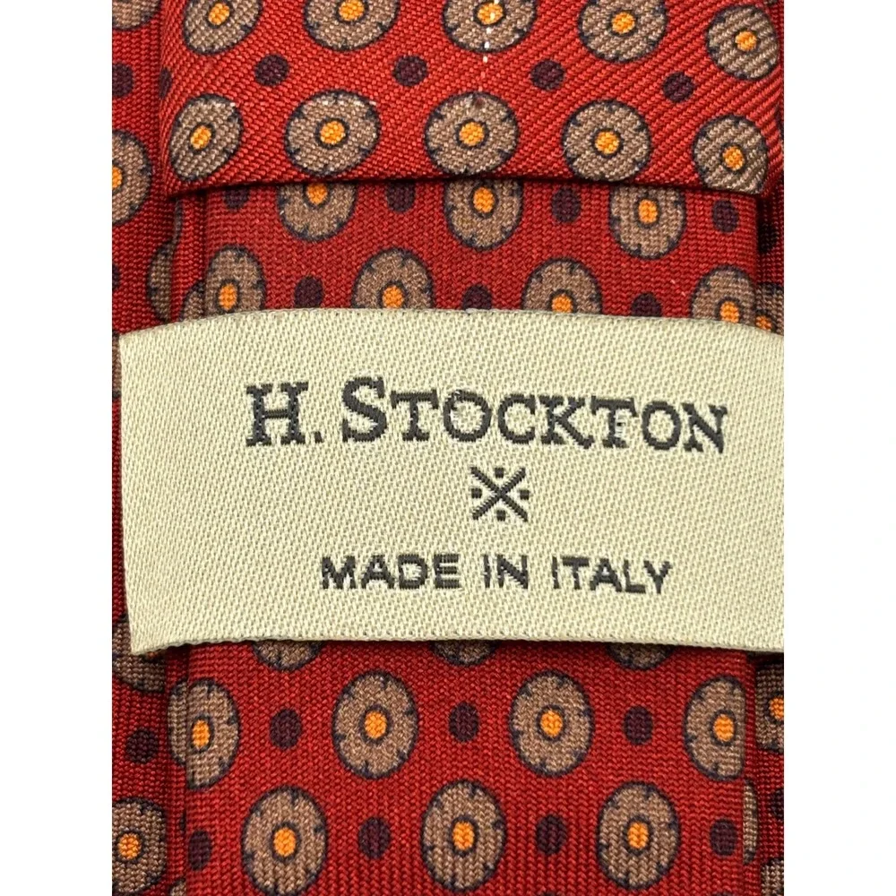 H. Stockton Men's 100% Silk Necktie Red Geometric Medallion Print Made in Italy
